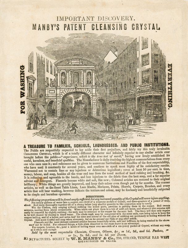 Temple Bar, Londyn. Reklama Manbys Patent Cleansing Crystal autorstwa English School