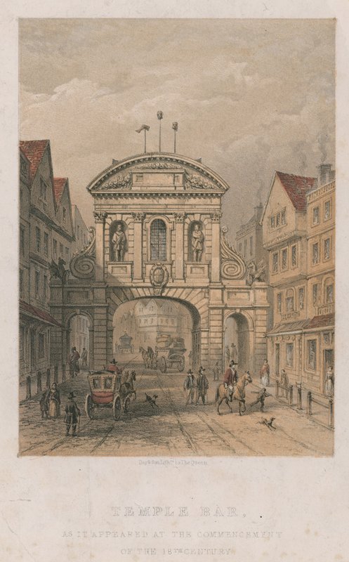 Temple Bar w postaci, w jakiej pojawił się na początku XVIII wieku autorstwa English School