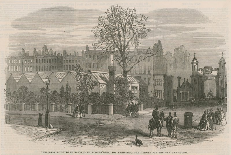 Tymczasowy budynek na New Square, Lincolns Inn, do wystawiania projektów nowych sądów autorstwa English School