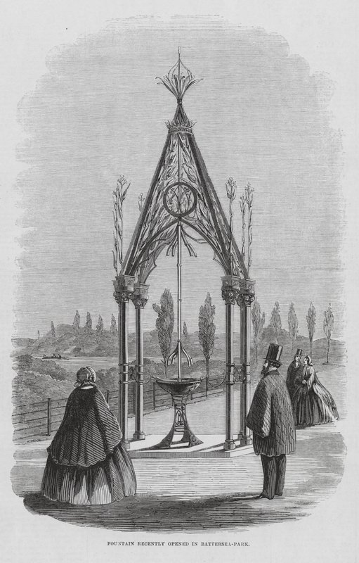 Fontanna Teulon, Battersea Park, Londyn, Anglia (grawerunek) autorstwa English School