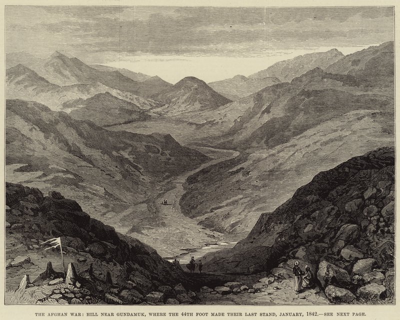 Wojna afgańska, wzgórze w pobliżu Gundamuk, gdzie 44. Stopa dokonała ostatniego bastionu, styczeń 1842 (rycina) autorstwa English School