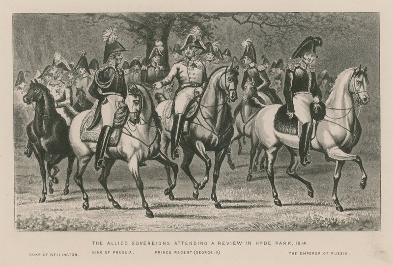 Sojusznicy alianccy uczestniczący w przeglądzie w Hyde Parku, 1814 r. autorstwa English School