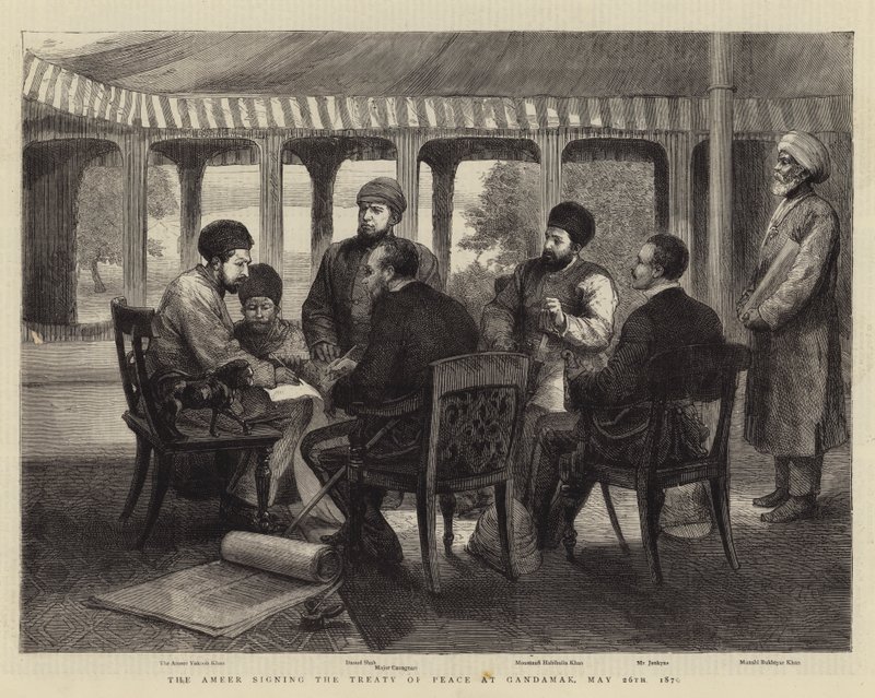 Ameer podpisujący traktat pokojowy w Gandamaku, 26 maja 1879 (rycina) autorstwa English School