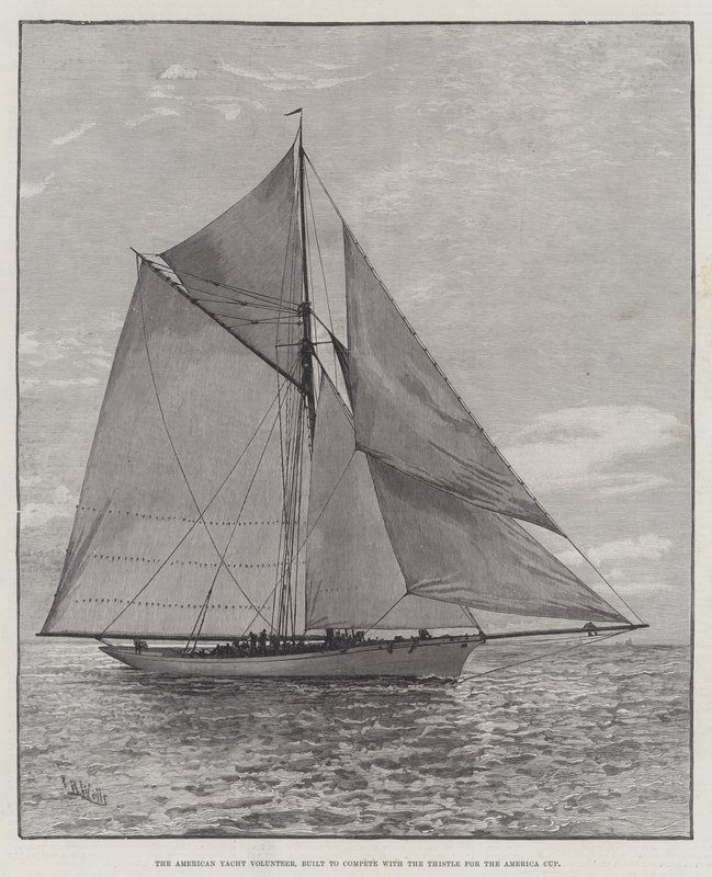 American Yacht Volunteer, zbudowany, aby konkurować z Thistle o Puchar Ameryki (grawerowanie) autorstwa English School