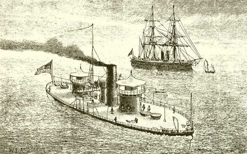 Amerykański dwuwieżowy okręt wojenny Miantonoma i Ironclad autorstwa English School