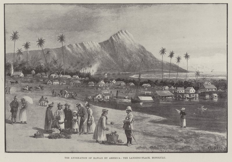 Aneksja Hawajów przez Amerykę, miejsce lądowania, Honolulu (rycina) autorstwa English School