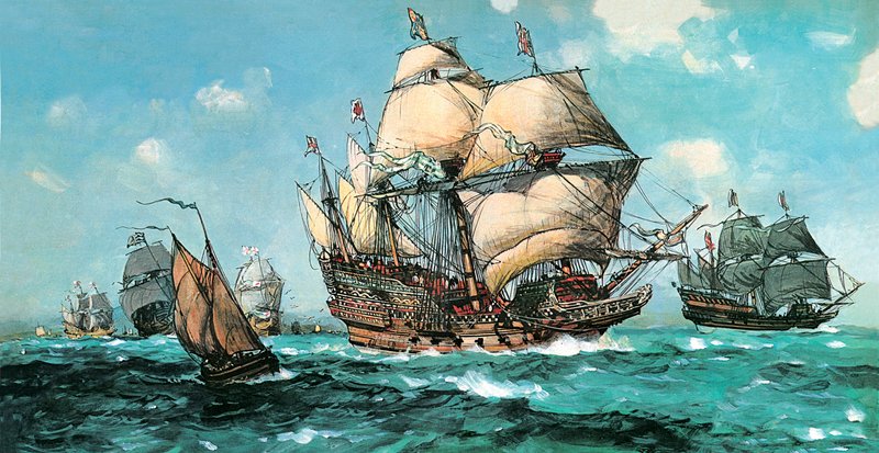 Ark Royal płynie na spotkanie Armady (kolor lito) autorstwa English School