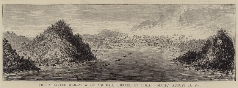 Wojna o Ashantee, Widok Aquidah, ostrzeliwana przez HMS „Druid”, 28 sierpnia 1873 (rycina) autorstwa English School