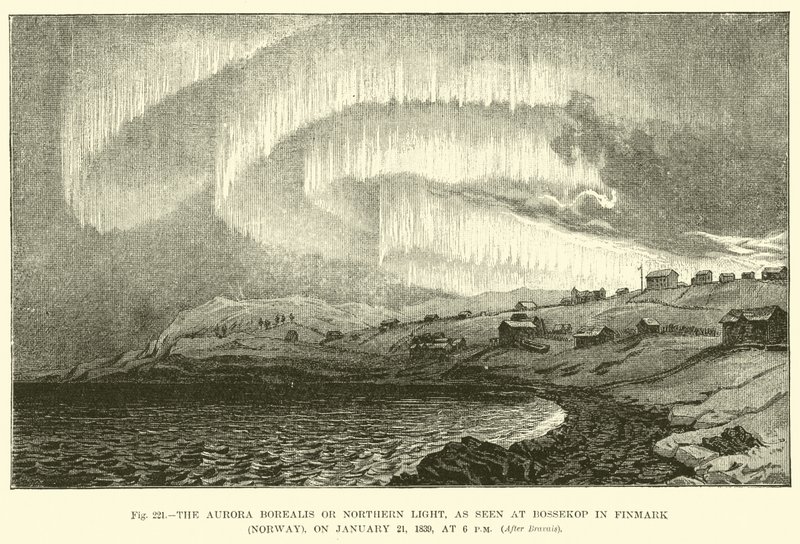 Aurora Borealis lub Northern Light, widziana w Bossekop w Finnmark (Norwegia), 21 stycznia 1839, o godzinie 18:00 autorstwa English School