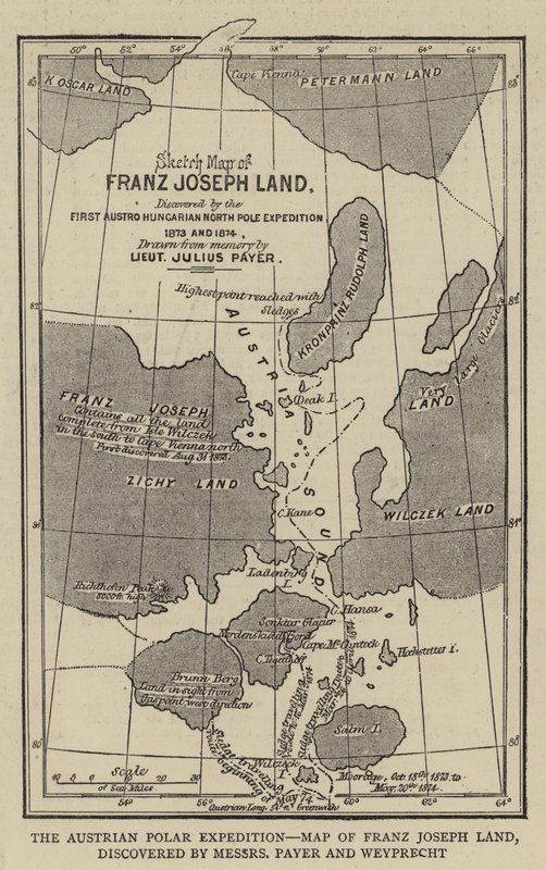 Austriacka Wyprawa Polarna, Mapa Ziemi Franciszka Józefa, odkryta przez Messers Payer i Weyprecht (rycina) autorstwa English School