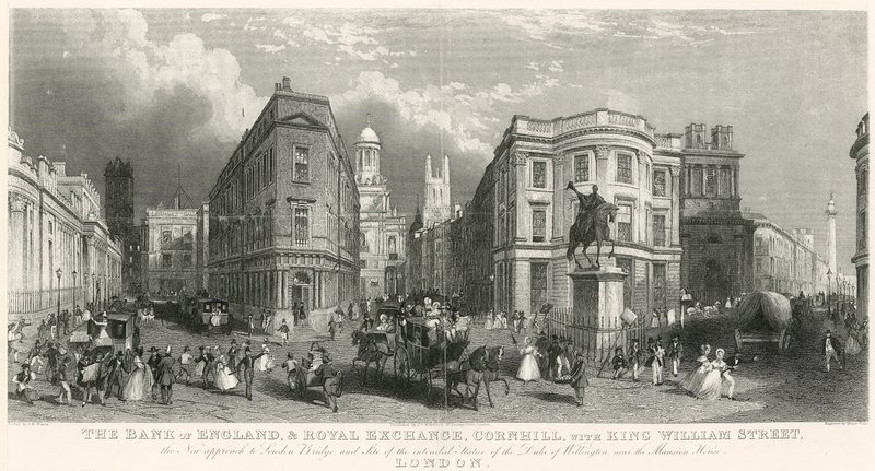 Bank Anglii i Royal Exchange, Cornhill, z King William Street autorstwa English School