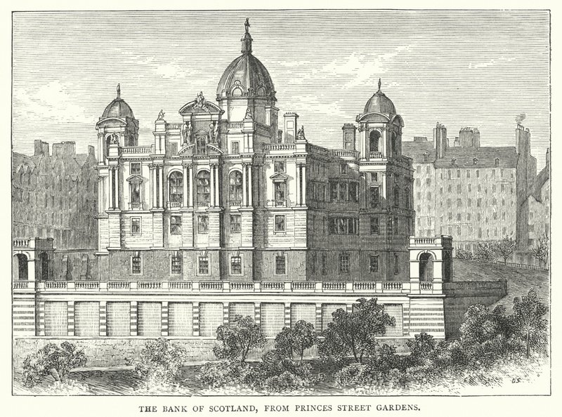 Bank of Scotland, z Princes Street Gardens (rycina) autorstwa English School