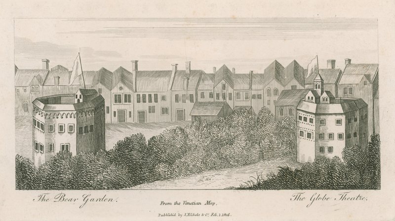 The Bear Garden and the Globe, Bankside, Londyn, z mapy weneckiej autorstwa English School
