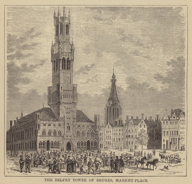 Wieża Dzwonnicy Brugii, Rynek (rycina) autorstwa English School