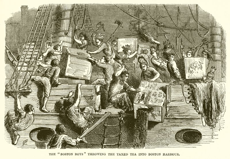 Boston Boys wrzucają opodatkowaną herbatę do Boston Harbor autorstwa English School