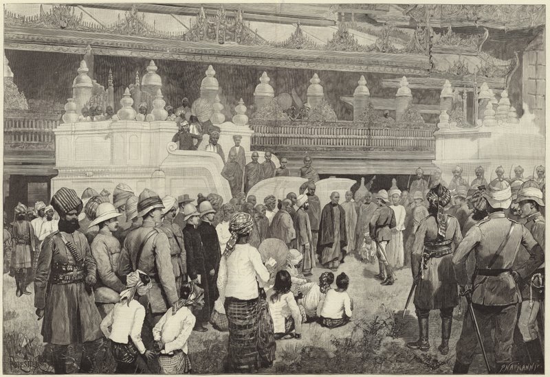 Buddyjski arcybiskup Birmy przyjmujący Sir Fredericka Robertsa w klasztorze w Mandalay autorstwa English School