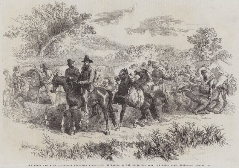 Burke and Wills Australian Exploring Expedition, Wyjazd ekspedycji z Parku Królewskiego, Melbourne, 20 sierpnia 1860 (rycina) autorstwa English School