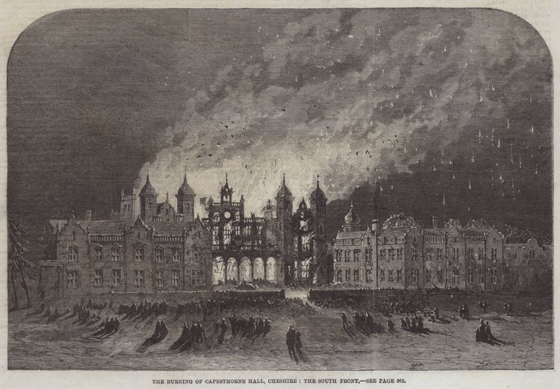The Burning of Capesthorne Hall, Cheshire, Front South (rycina) autorstwa English School