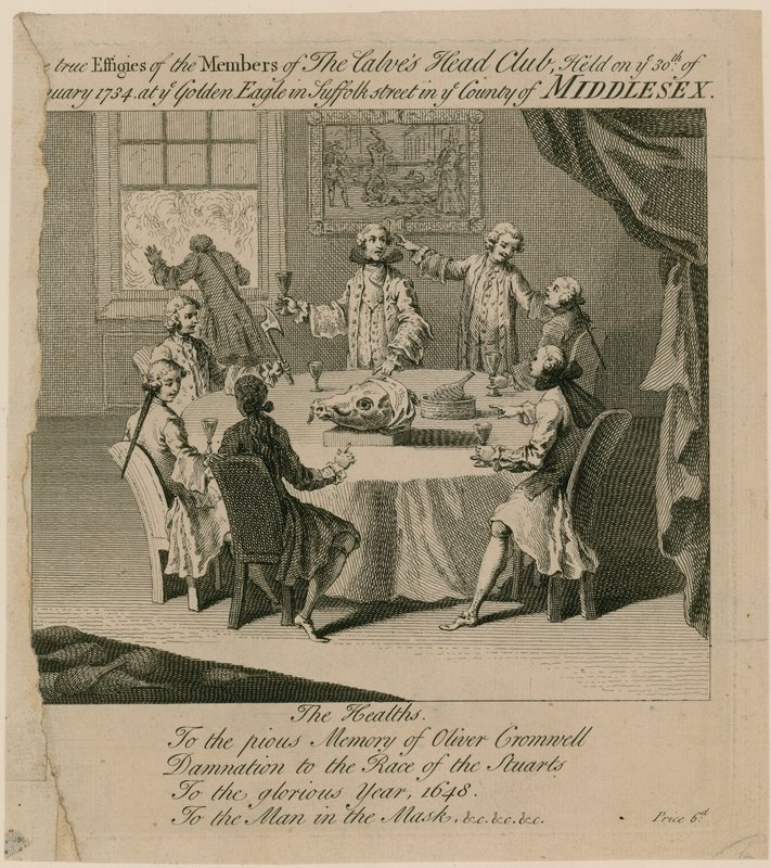 The Calves Head Club, który odbył się 30 stycznia 1734 pod Złotym Orłem na Suffolk Street autorstwa English School