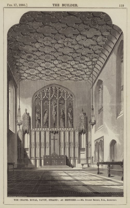 The Chapel Royal, Savoy, Strand, odrestaurowany, pan Sydney Smirke, RA, architekt (grawerowanie) autorstwa English School