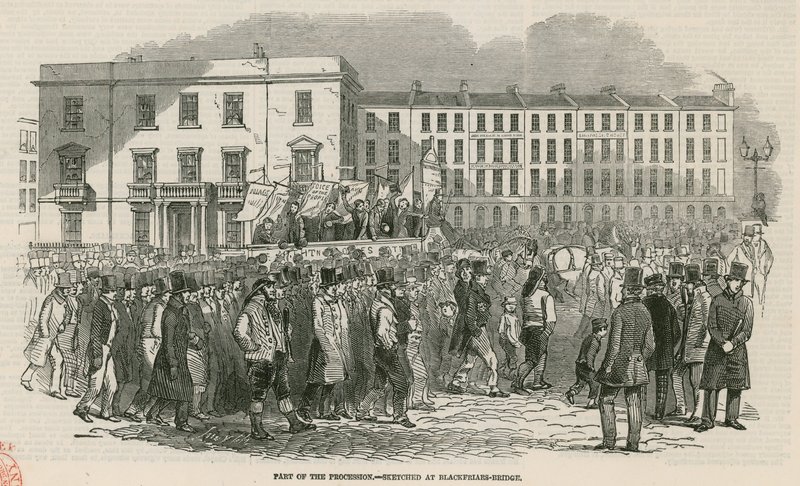 Spotkanie czartystów na Kennington Common w 1848 r., część procesji – naszkicowane na moście Blackfriars autorstwa English School