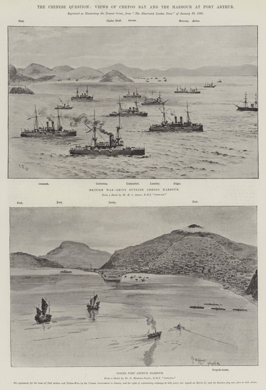 Pytanie chińskie, widoki na zatokę Chefoo i port w Port Arthur (lito) autorstwa English School