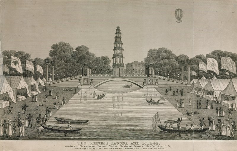 Chińska pagoda i most wzniesiony nad kanałem w St James