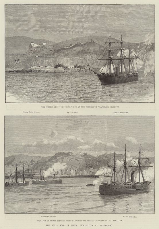 Wojna domowa w Chile, działania wojenne w Valparaiso (rycina) autorstwa English School