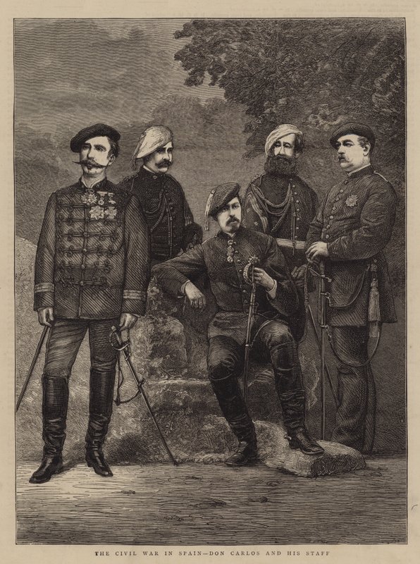 Wojna domowa w Hiszpanii, Don Carlos i jego sztab (rycina) autorstwa English School