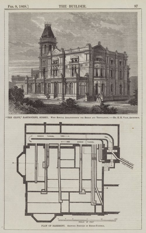 „The Cliff”, Eastbourne, Sussex, ze specjalnymi ustaleniami dotyczącymi dymu i wentylacji, pan H H Vale, architekt (grawerowanie) autorstwa English School
