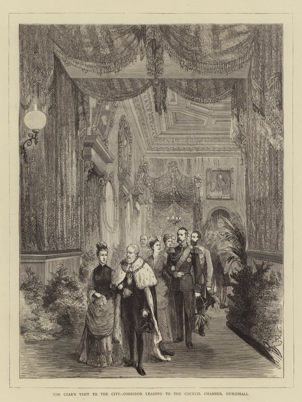 Wizyta cara w mieście, korytarz prowadzący do sali rady, Guildhall (rycina) autorstwa English School