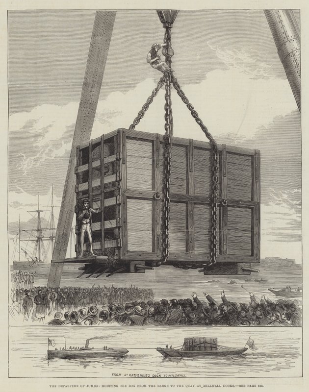 Odlot Jumbo, podnoszący swoją skrzynkę z barki do nabrzeża w Millwall Docks (rytowanie) autorstwa English School