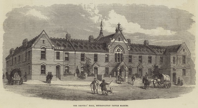 Hala Poganiaczy, Metropolitan Cattle Market (grawerowanie) autorstwa English School