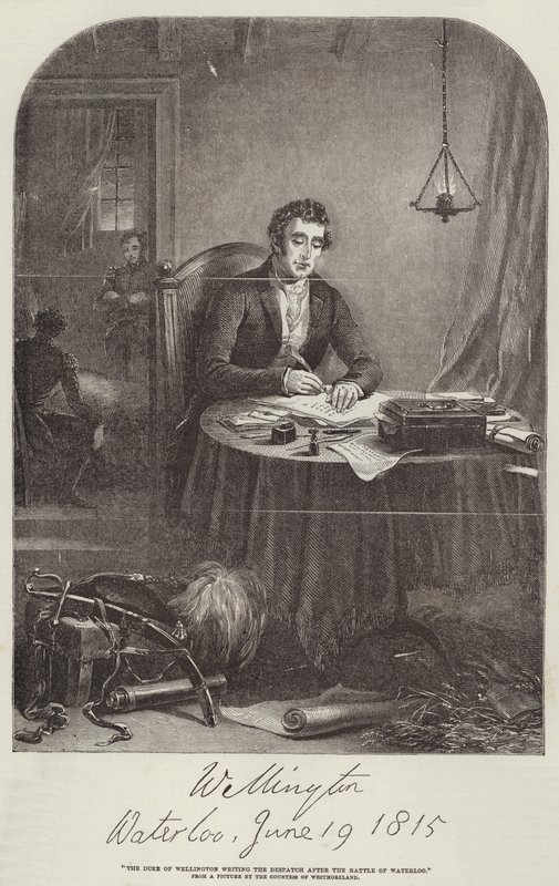 Książę Wellington piszący Depeszę po Waterloo (grawerowanie) autorstwa English School