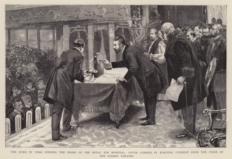 Książę Yorku otwiera drzwi Royal Eye Hospital w południowym Londynie prądem elektrycznym ze sceny Surrey Theatre autorstwa English School