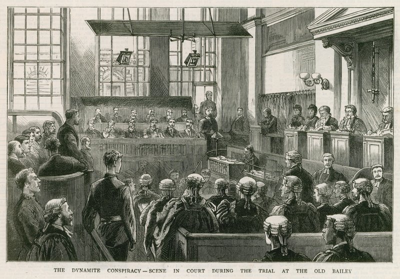 Spisek dynamitu, scena w sądzie podczas procesu w Old Bailey autorstwa English School