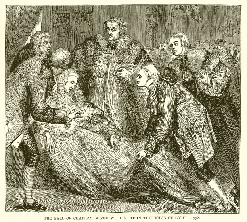 Hrabia Chatham schwytany z atakiem w Izbie Lordów, 1778 autorstwa English School