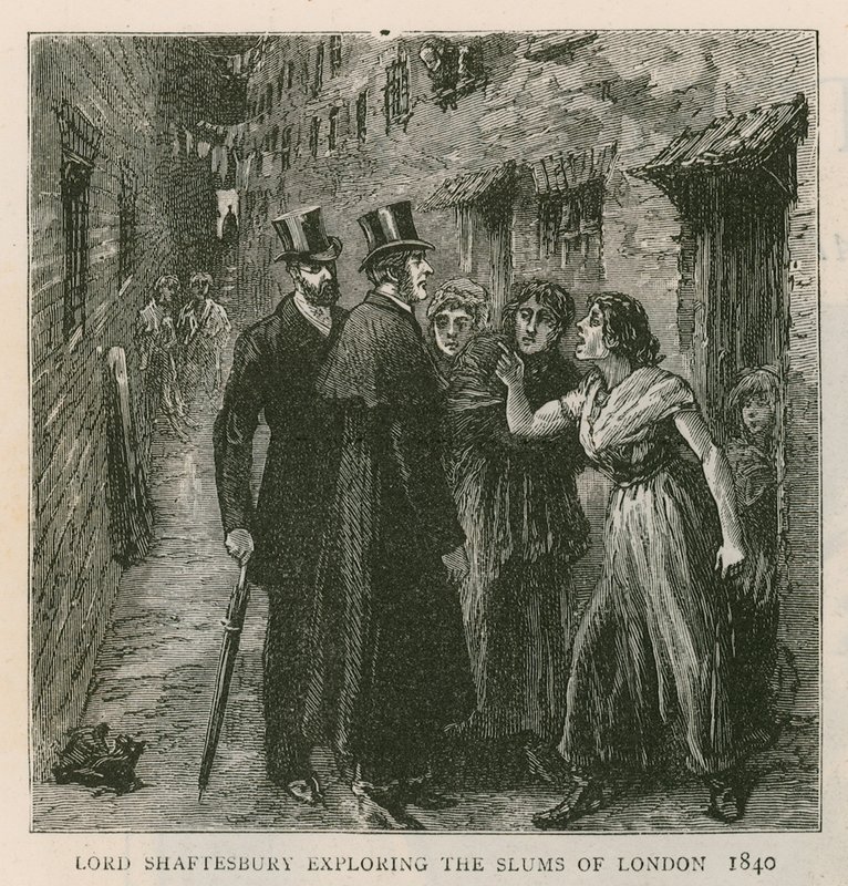 hrabia Shaftesbury; zwiedzanie slumsów Londynu, 1840 autorstwa English School