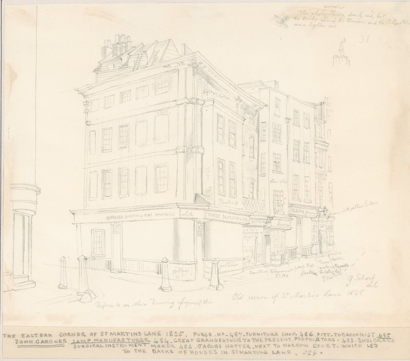 Wschodni róg St Martins Lane, Londyn, 1825 autorstwa English School