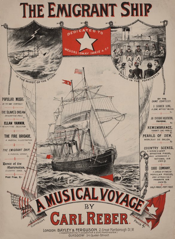 The Emigrant Ship, wiktoriańska okładka nutowa (kolorowa litografia) autorstwa English School