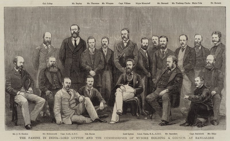 Głód w Indiach, Lord Lytton i Komisarz Mysore na posiedzeniu Rady w Bangalore autorstwa English School