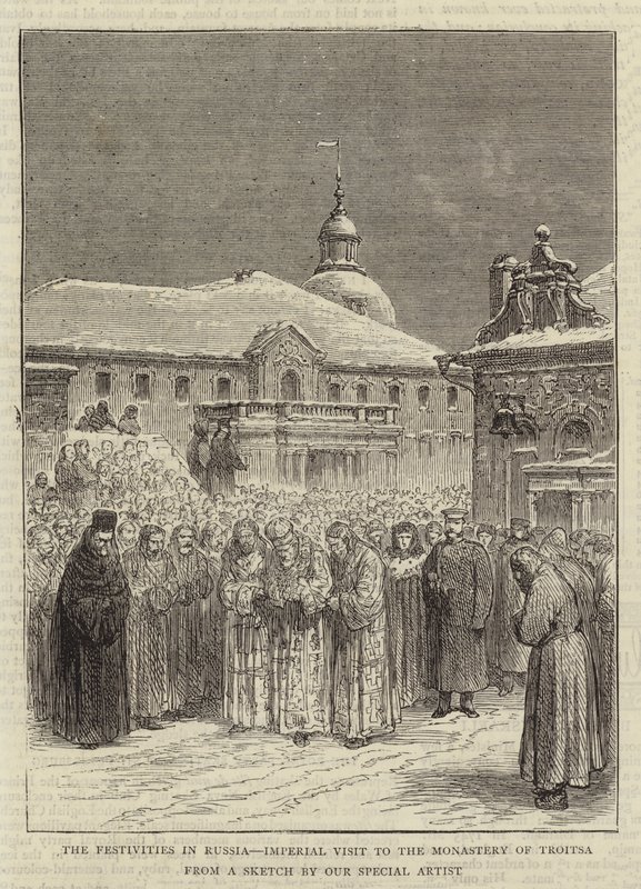 Uroczystości w Rosji, wizyta cesarska w klasztorze Troitsa (rycina) autorstwa English School