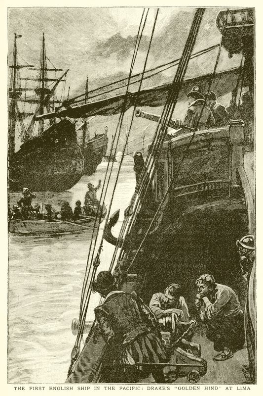 Pierwszy angielski statek na Pacyfiku: Drakes Golden Hind w Limie autorstwa English School