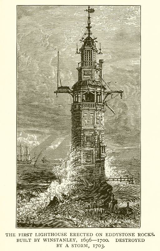Pierwsza latarnia morska wzniesiona na skałach Eddystone. Zbudowany przez Winstanleya, 1696-1700, zniszczony przez burzę, 1703 autorstwa English School