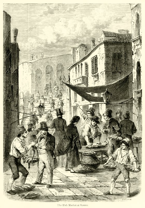 Targ Rybny w Wenecji (grawerowanie) autorstwa English School