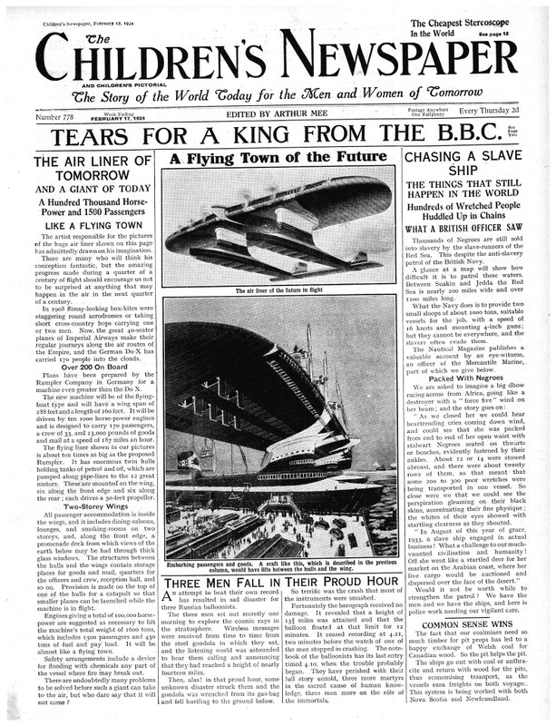 Latające miasto przyszłości, strona tytułowa „Gazety Dziecięcej”, luty 1934 (druk gazetowy) autorstwa English School