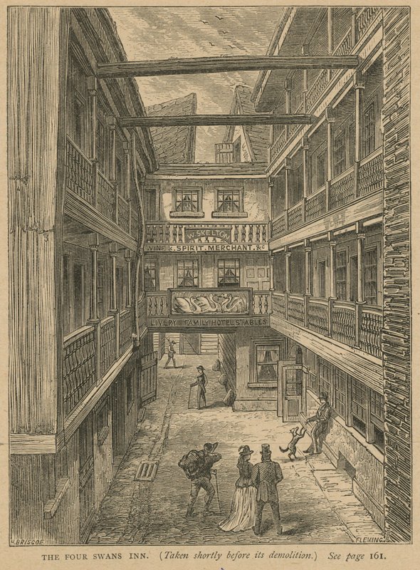 The Four Swans Inn, zrobiony na krótko przed jego wyburzeniem autorstwa English School