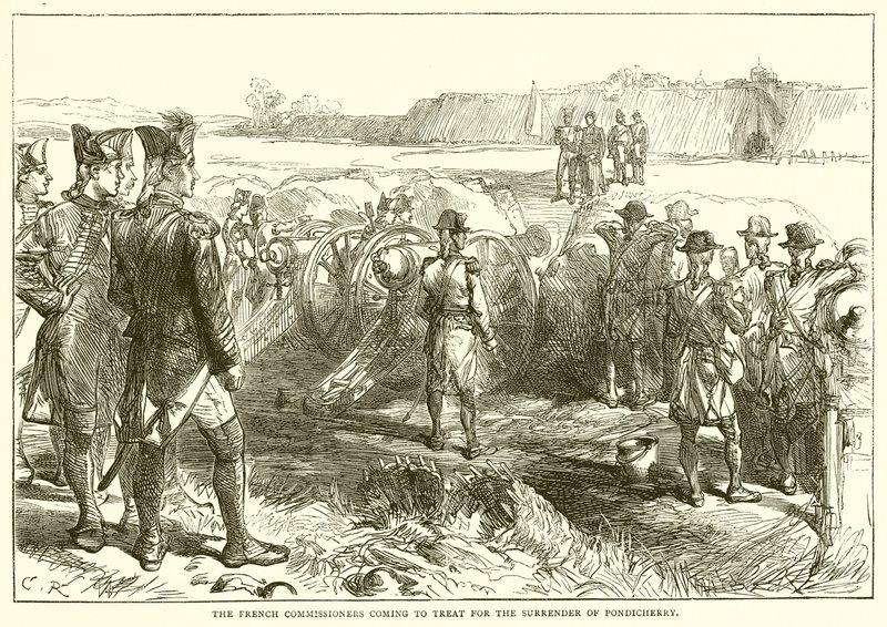 Komisarze francuscy przybywający, by leczyć kapitulację Pondicherry (1761) autorstwa English School