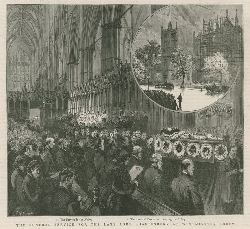 Nabożeństwo pogrzebowe zmarłego lorda Shaftesbury w Westminster autorstwa English School
