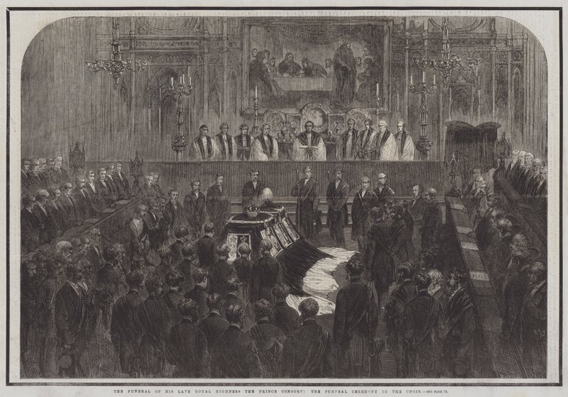 Pogrzeb Jego zmarłej Królewskiej Wysokości Księcia Małżonka, Ceremonia Pogrzebowa w Chórze (rycina) autorstwa English School